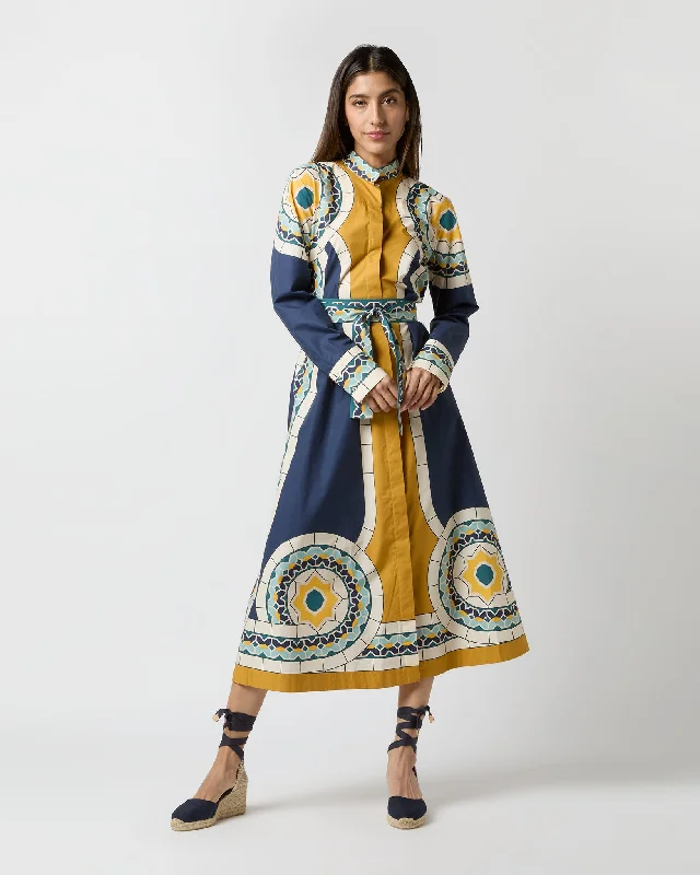 Sundowner Dress in Blue Mudejar Placée Cotton Popeline