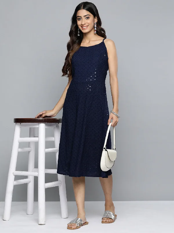 Navy Floral Sequin Embroidered A-Line Midi Dress