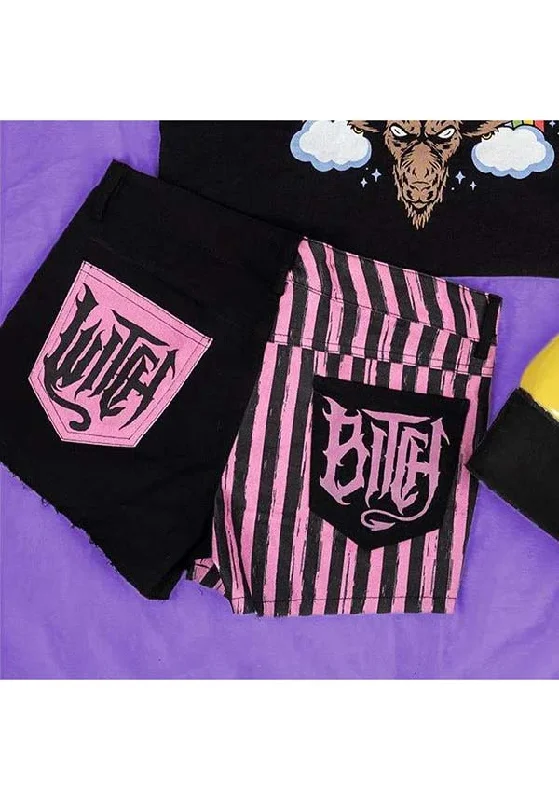 Pink Striped Witch Bitch Studded | DENIM SHORTS*