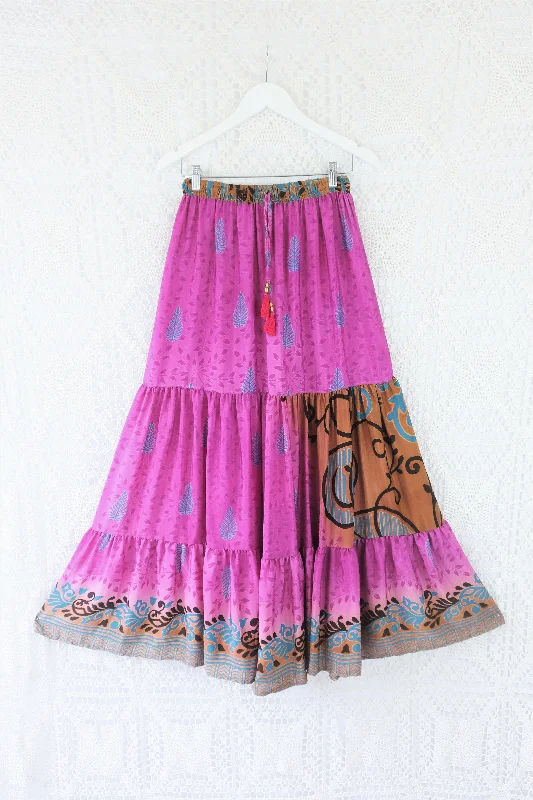 Rosie Maxi Skirt - Vintage Indian Sari - Fuchsia & Bronze Faded Fern Print - XXS-M/L