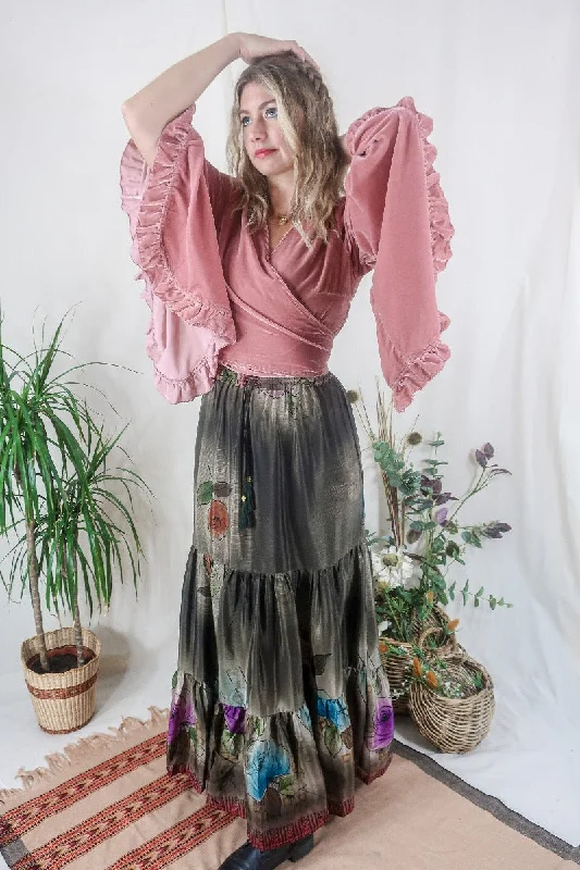 Rosie Maxi Skirt - Vintage Sari - Brown & Marbled Opal - Free Size S/M