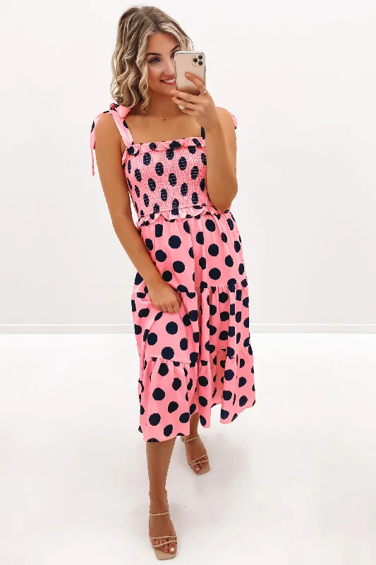 Sonny Midi Dress Pink Navy Dot