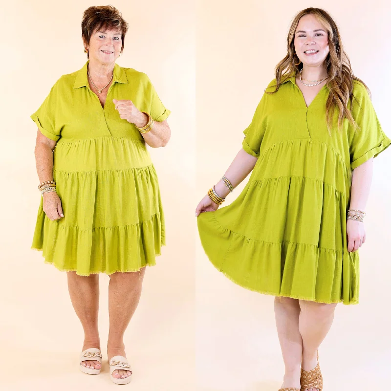 Taos Transitions Ruffle Tiered Collared Dress with Frayed Hem in Avocado Green