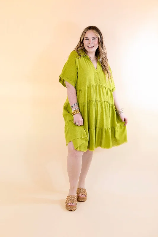 Taos Transitions Ruffle Tiered Collared Dress with Frayed Hem in Avocado Green