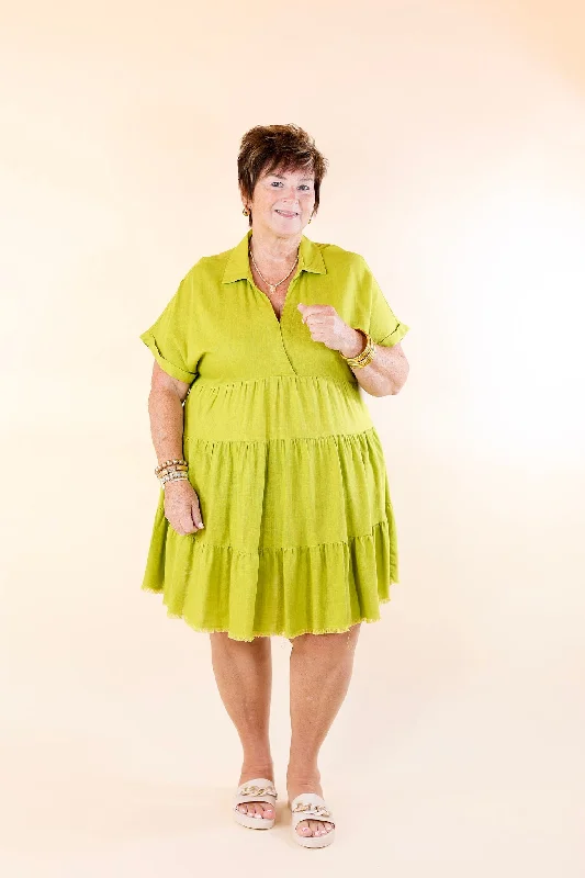 Taos Transitions Ruffle Tiered Collared Dress with Frayed Hem in Avocado Green