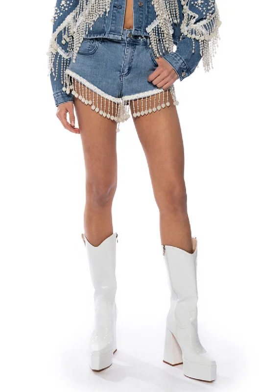 THE WORLD IS YOUR OYSTER PEARL TRIM DENIM SHORTS