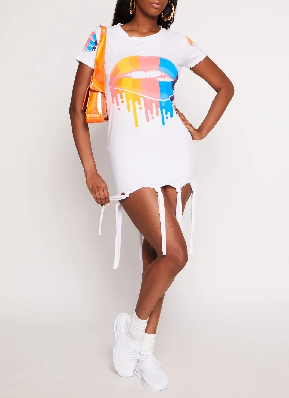 Rainbow Lip Graphic Knot Fringe Dress