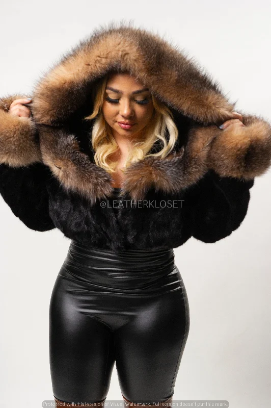 Women's Crop Mink Bomber With Hood [Black/Crystal]