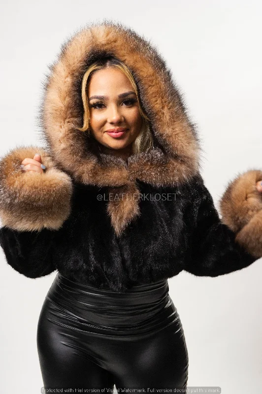 Women's Crop Mink Bomber With Hood [Black/Crystal]