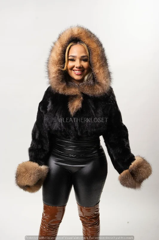 Women's Crop Mink Bomber With Hood [Black/Crystal]