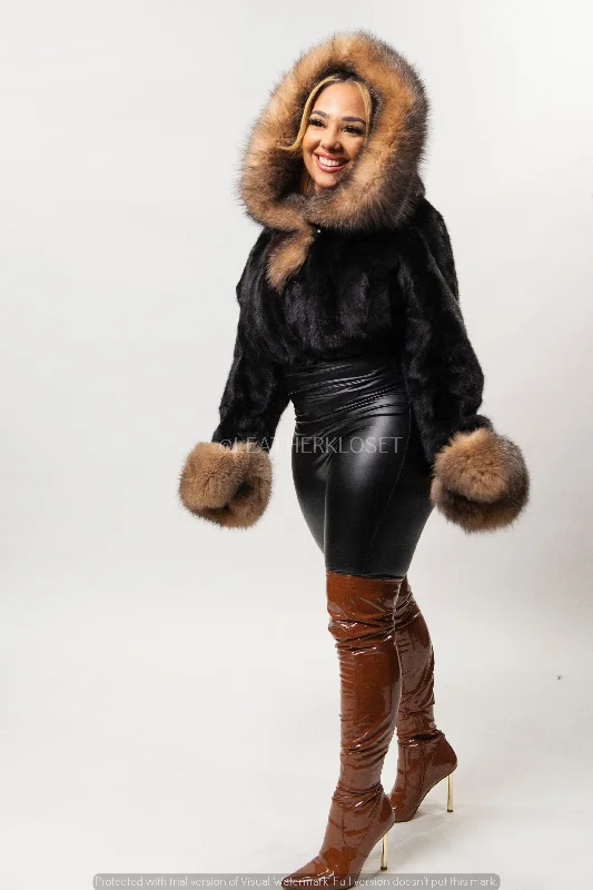 Women's Crop Mink Bomber With Hood [Black/Crystal]