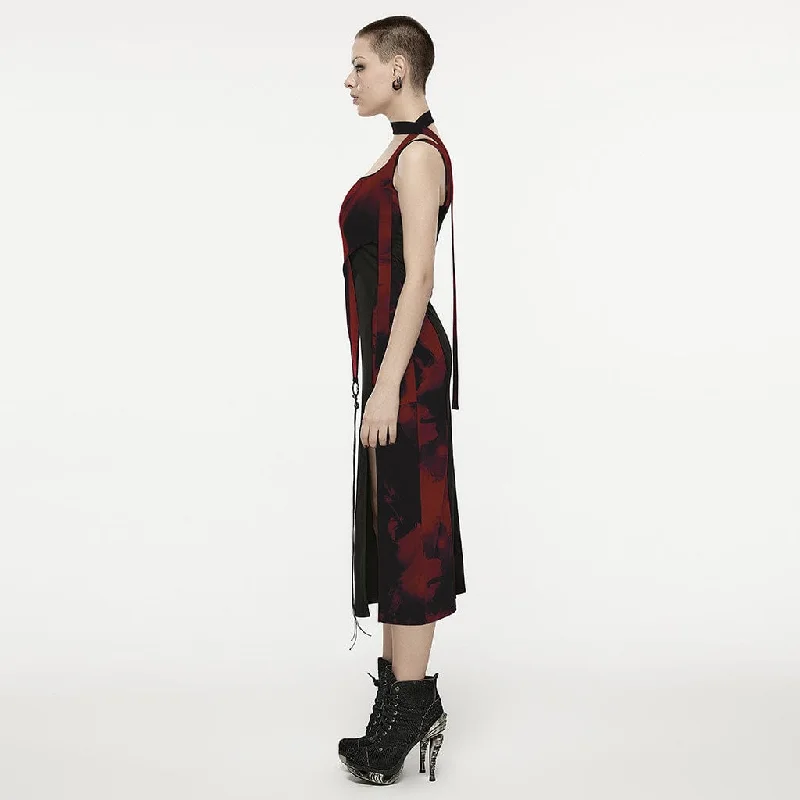 Women's Grunge Ink Printed Split Slip Dress with Neckwear