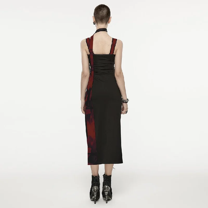 Women's Grunge Ink Printed Split Slip Dress with Neckwear