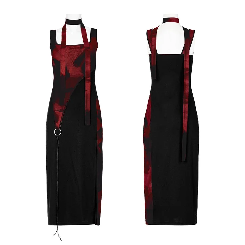 Women's Grunge Ink Printed Split Slip Dress with Neckwear