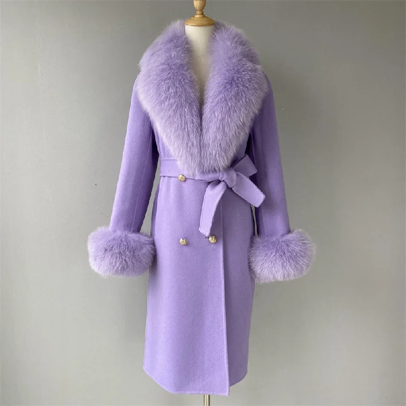 Women's Lilac Color Winter Wool Real Fur Collar Cuffs Double-Faced Jacket