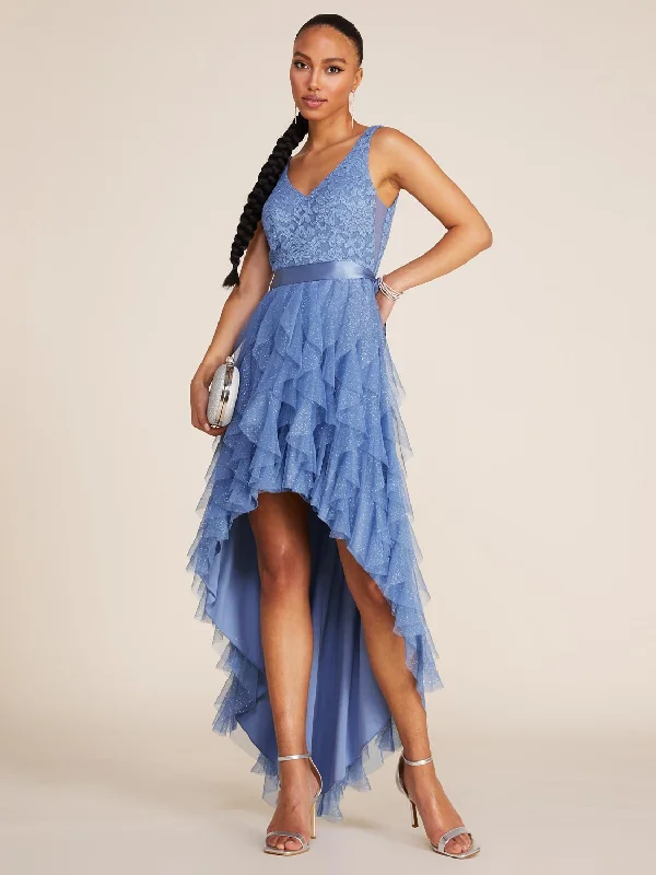 Sparkle V-Neck Lace & Mesh Corkscrew High-Low Gown