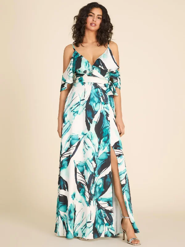 Cold-Shoulder Floral Printed Satin Gown