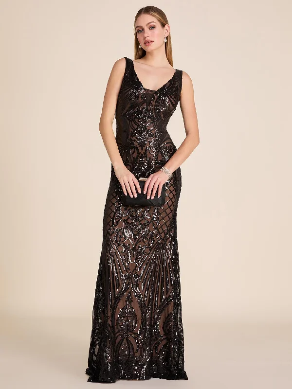 V-Neck Sequin Mesh Gown