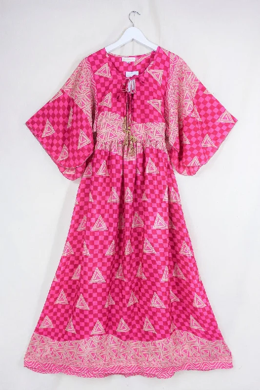 Angelica Maxi Dress - Vintage Sari - Checkerboard Pink - Free Size M/L