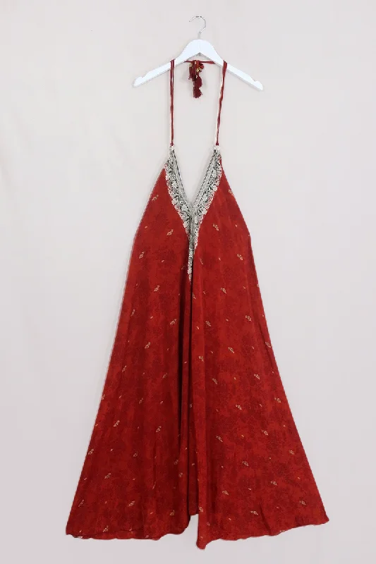 Athena Maxi Dress - Vintage Sari - Brick Red Embroidery - M to L/XL