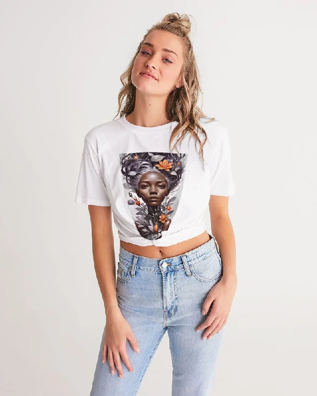 Beautiful black silver grey hair blossom women Women's All-Over Print Twist-Front Cropped Tee