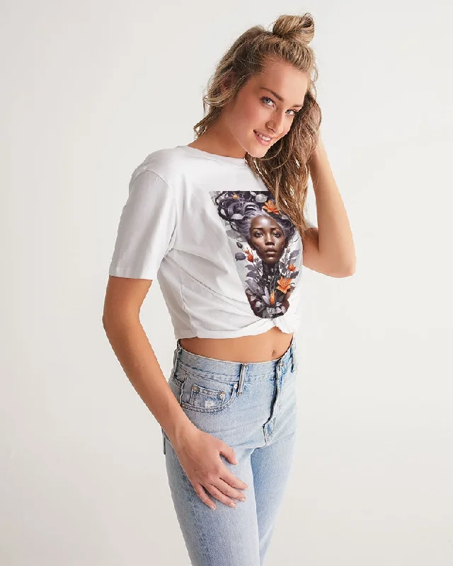 Beautiful black silver grey hair blossom women Women's All-Over Print Twist-Front Cropped Tee