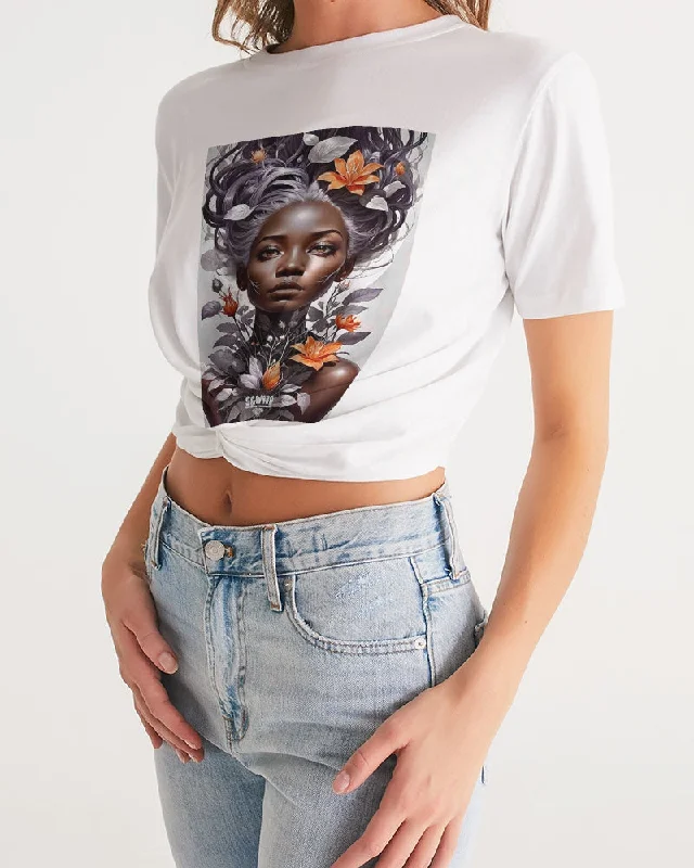 Beautiful black silver grey hair blossom women Women's All-Over Print Twist-Front Cropped Tee