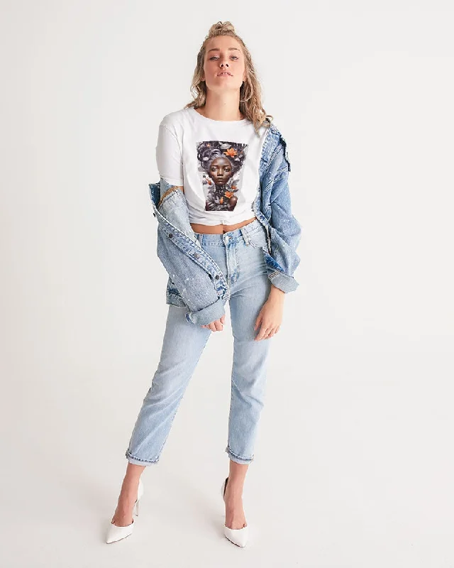 Beautiful black silver grey hair blossom women Women's All-Over Print Twist-Front Cropped Tee