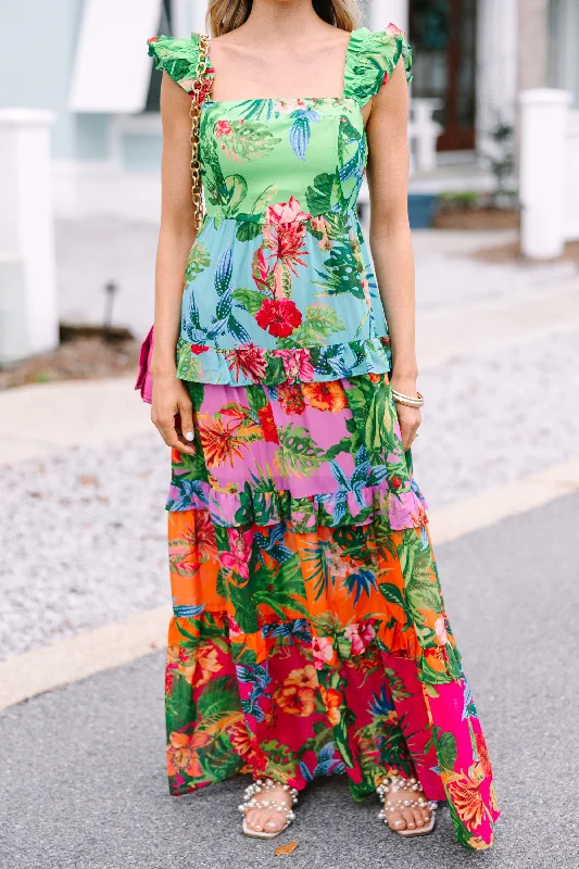 Beauty In Bora Bora Green Tropical Floral Maxi Dress