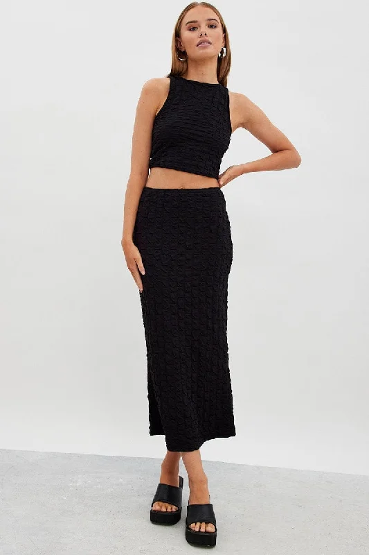 Black Maxi Skirt High Rise Bodycon Textured Jersey