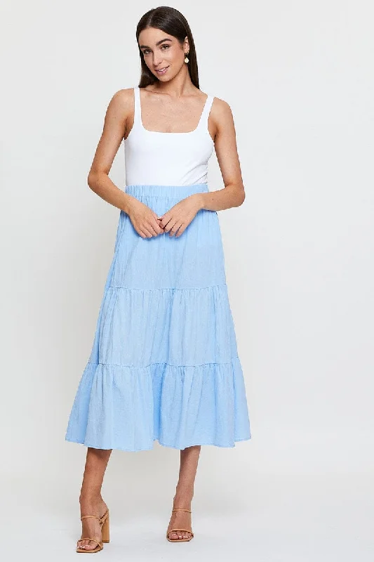 Blue Midi Skirt High Rise Tiered