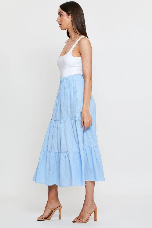 Blue Midi Skirt High Rise Tiered