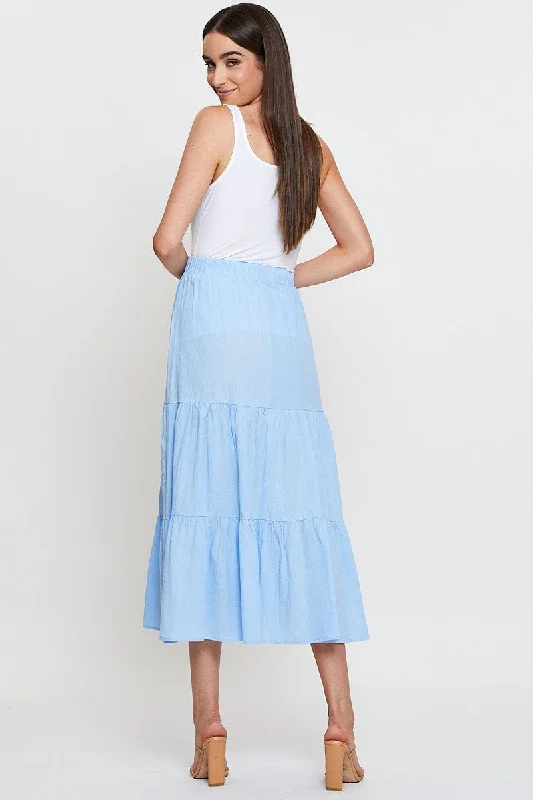 Blue Midi Skirt High Rise Tiered