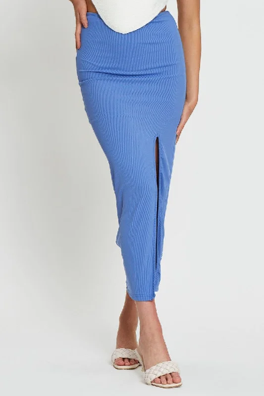 Blue Rib Jersey Front Slit Pencil Maxi Skirt