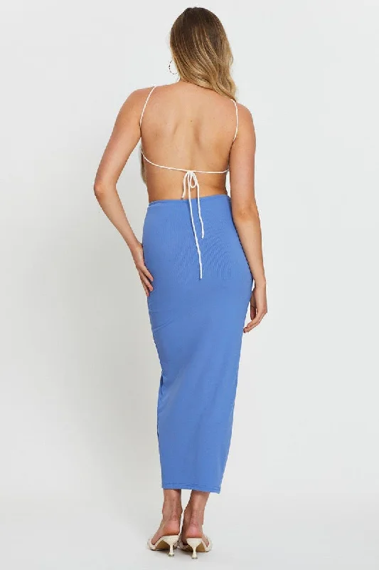 Blue Rib Jersey Front Slit Pencil Maxi Skirt