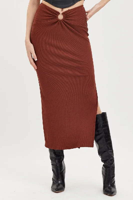 Brown Maxi Skirt High Rise Ring Detial Rib Jersey