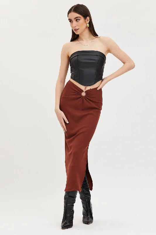 Brown Maxi Skirt High Rise Ring Detial Rib Jersey