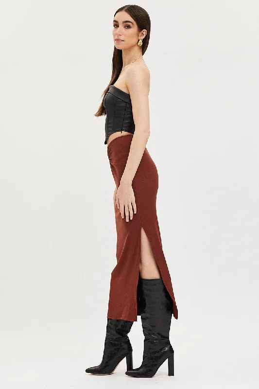 Brown Maxi Skirt High Rise Ring Detial Rib Jersey