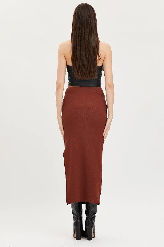 Brown Maxi Skirt High Rise Ring Detial Rib Jersey