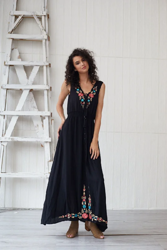 MegaBetty - Fashion Women Embroidery BOHO Dress V-neck Sleeveless Split Maxi Holiday Dress