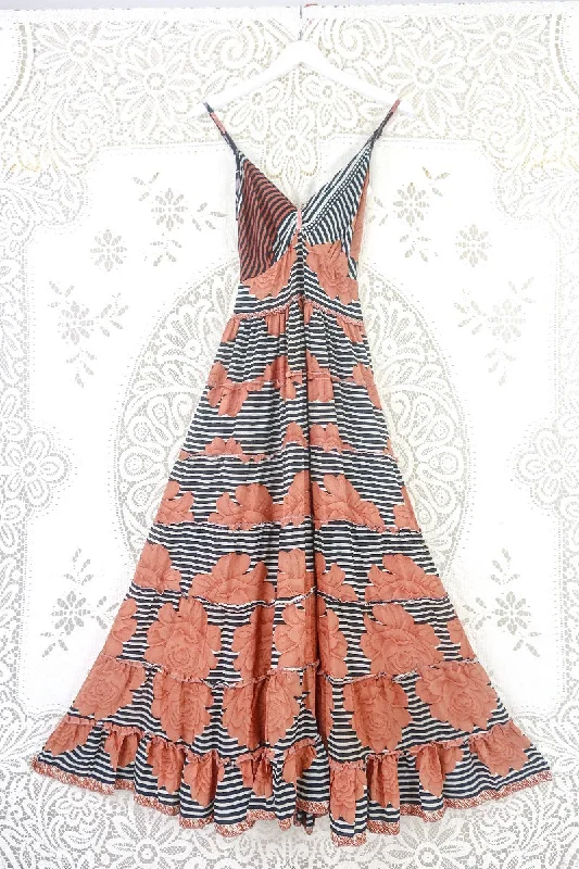 Delilah Maxi Dress - Copper & Black Striped Floral - Vintage Sari - Free Size S