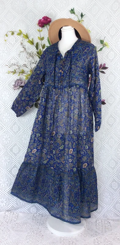 SALE Florence Dress - Sparkly Indian Cotton Smock Dress - Midnight Blue & Sage - Size S/M