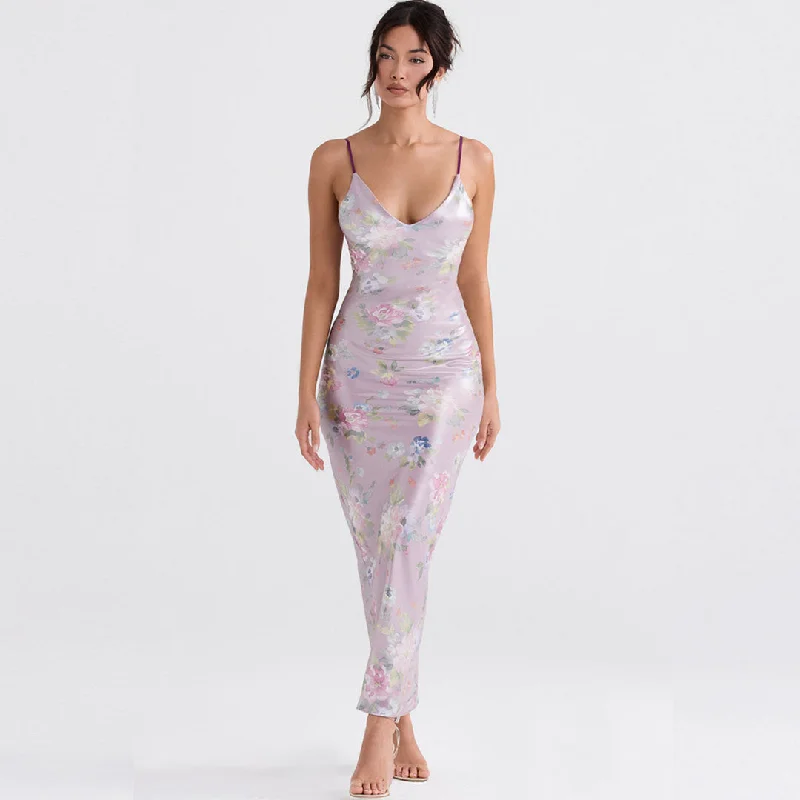 BerryBetty - Flower Print V Neck Sleeveless Bodycon Maxi Dress - Pink