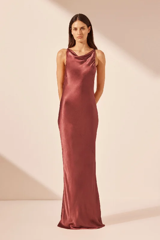 LA LUNE HIGH NECK COWL MAXI DRESS - TERRACOTTA