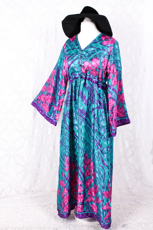 Lily Maxi Dress - Blue & Pink Shimmer Vintage Sari - Size S/M