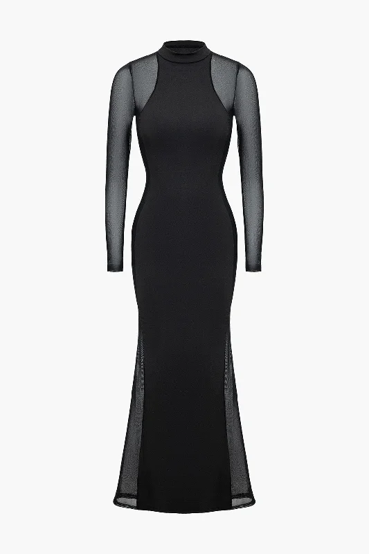 Sheer Mesh Patchwork Mock Neck Long Sleeve Maxi Dress