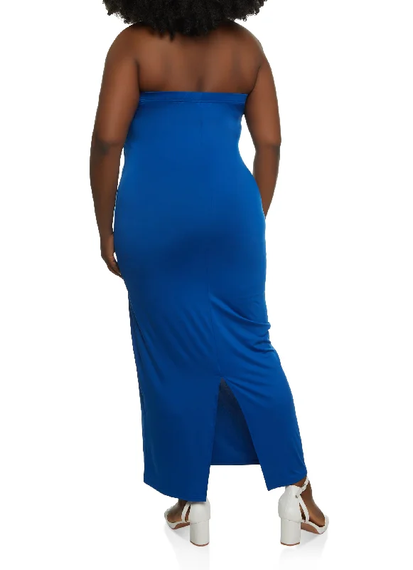 Plus Size Solid Back Slit Maxi Tube Dress