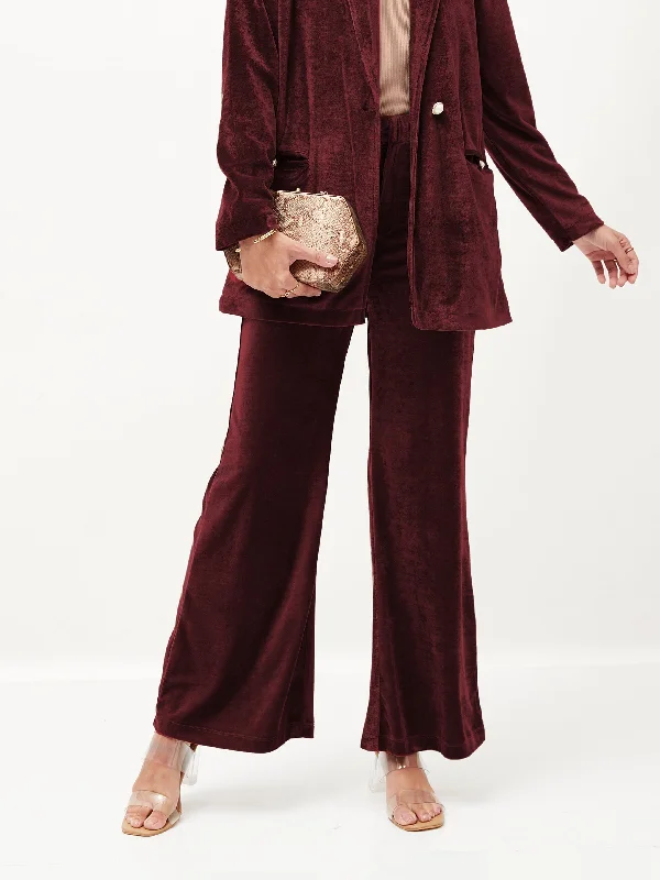 Women Maroon Velvet Bell Bottom Pants