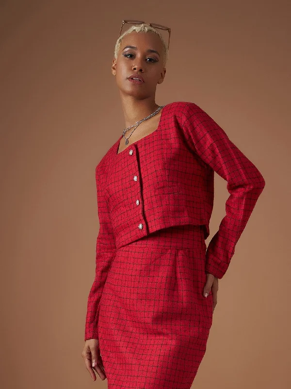 Women Red Check Jacquard Tweed Square Neck Top