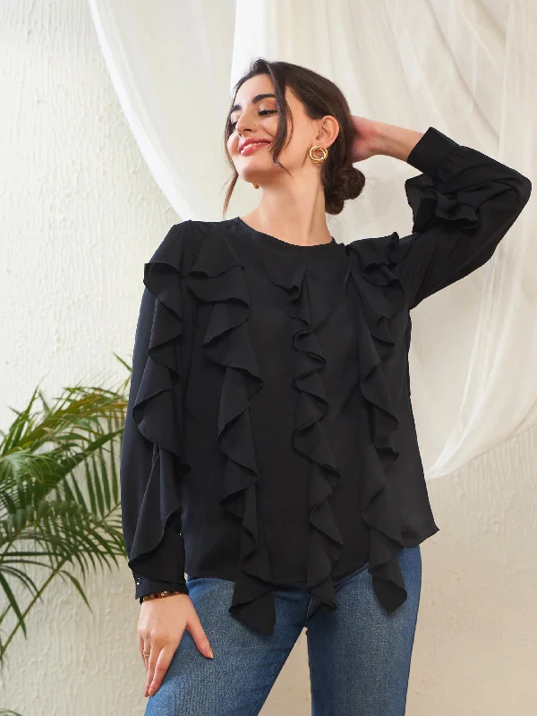 Women Black Full Sleeves Ruffle Top